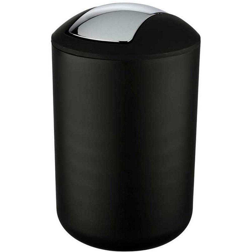 black rounded plastic swing lidded bin with rounded top and a chrome, curved rectangular swing lid