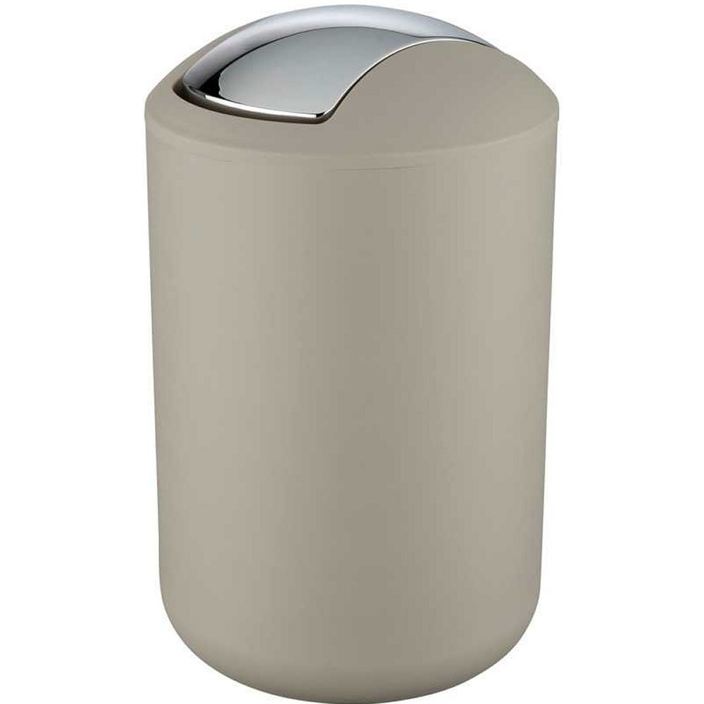 taupe rounded plastic swing lidded bin with rounded top and a chrome, curved rectangular swing lid