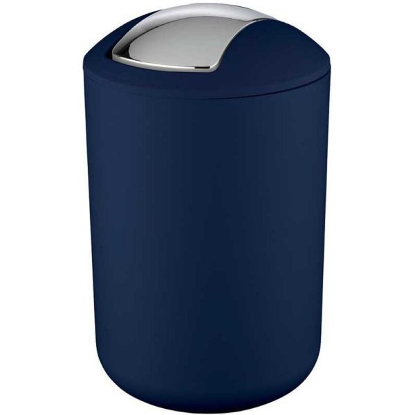 dark blue rounded plastic swing lidded bin with rounded top and a chrome, curved rectangular swing lid