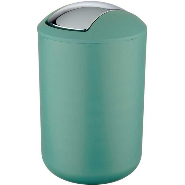 green rounded plastic swing lidded bin with rounded top and a chrome, curved rectangular swing lid