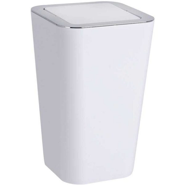 white, square plastic swing top bin with ribbed texture and chrome effect plastic edging around the lid on top