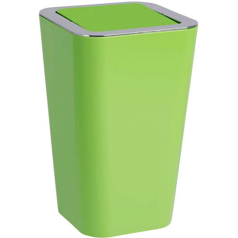 green, square plastic swing top bin with ribbed texture and chrome effect plastic edging around the lid on top