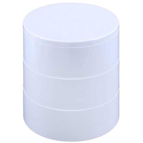 white cylindrical plastic storage box that is in 3 segments with a flat, hinged lid on the top