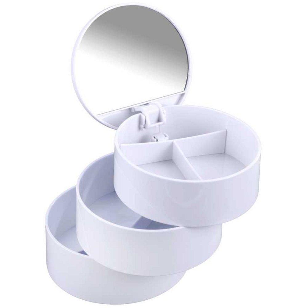 white cylindrical plastic storage box that is in 3 segments with a flat, hinged lid on the top thhe layers are spred out to show the split compartments inside, considting of a single section and two equally sized smaller ones. under the lid is a round mirror.