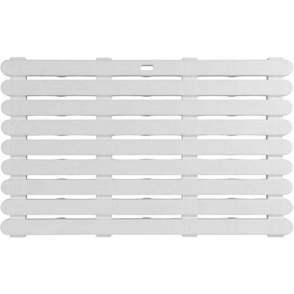 white rectangular plastic duckboard designd to resemble a wooden slatted one with each slat having rounded ends