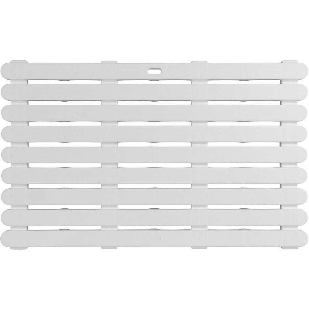 white rectangular plastic duckboard designd to resemble a wooden slatted one with each slat having rounded ends