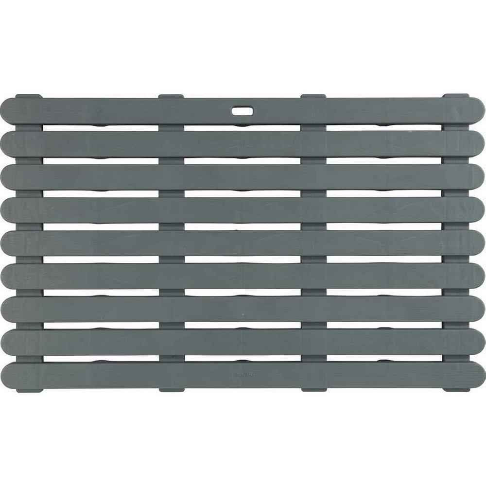 grey rectangular plastic duckboard designd to resemble a wooden slatted one with each slat having rounded ends