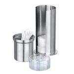 stainless steel, tall cylindrical cotton pad coler and dispenser, on the top is a seperate, removable tumbler for holding cotton buds with a clear plastic lid.. it is shown holding the mentioned items. whilst disassembled to show its various components