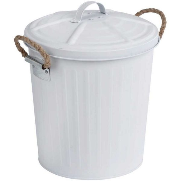 white metal waste bin styled after outdoor metal trash cans with two small rope handles on each side
