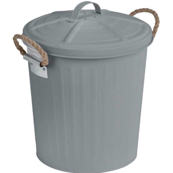 grey metal waste bin styled after outdoor metal trash cans with two small rope handles on each side