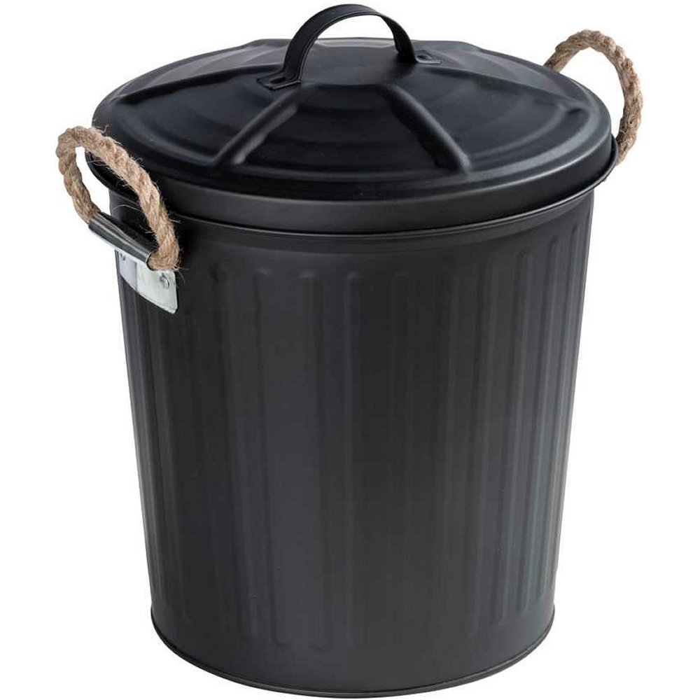 black metal waste bin styled after outdoor metal trash cans with two small rope handles on each side