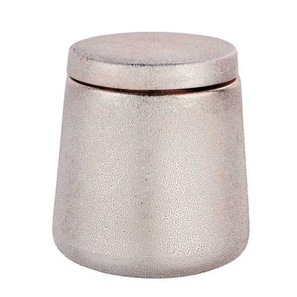 rose gold, glittery effect ceramic stoage jar with a lid, the jar is a tapered cylincer in shape with a wider base and a flat top.