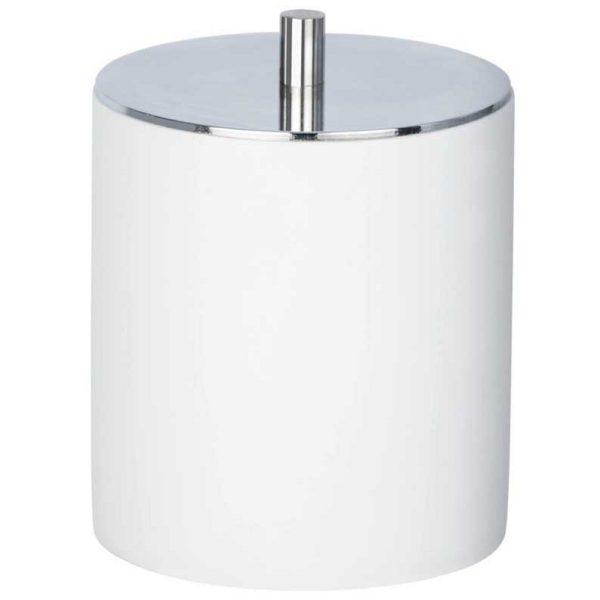 white cylindrical storage jar with chrome effect flat lid with small cylindrical handle in the centre