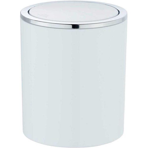 white round plastic swing lid bin. It has a flat top with a chrome trim.