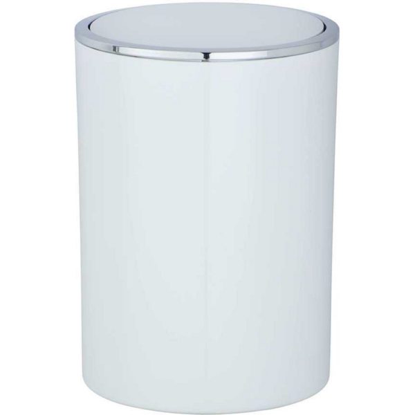 white round plastic swing lid bin. It has a flat top with a chrome trim.