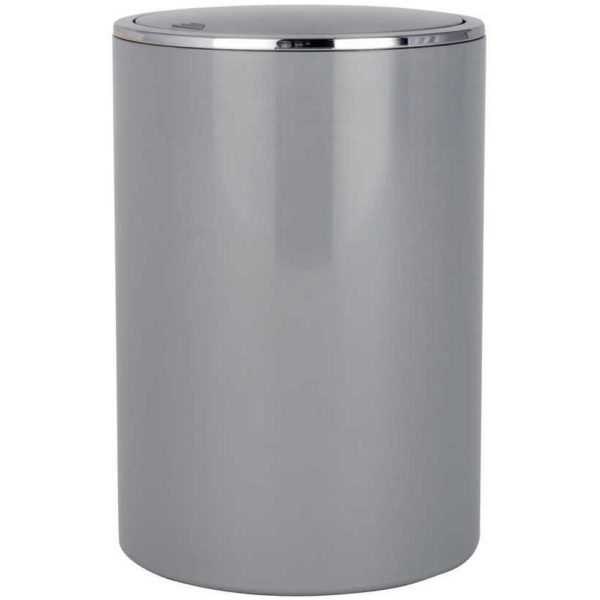 grey round plastic swing lid bin. It has a flat top with a chrome trim.
