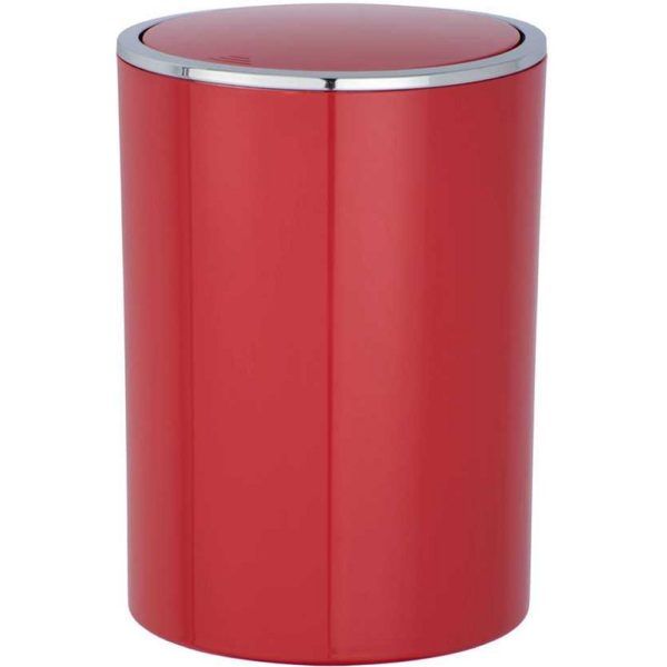 red round plastic swing lid bin. It has a flat top with a chrome trim.