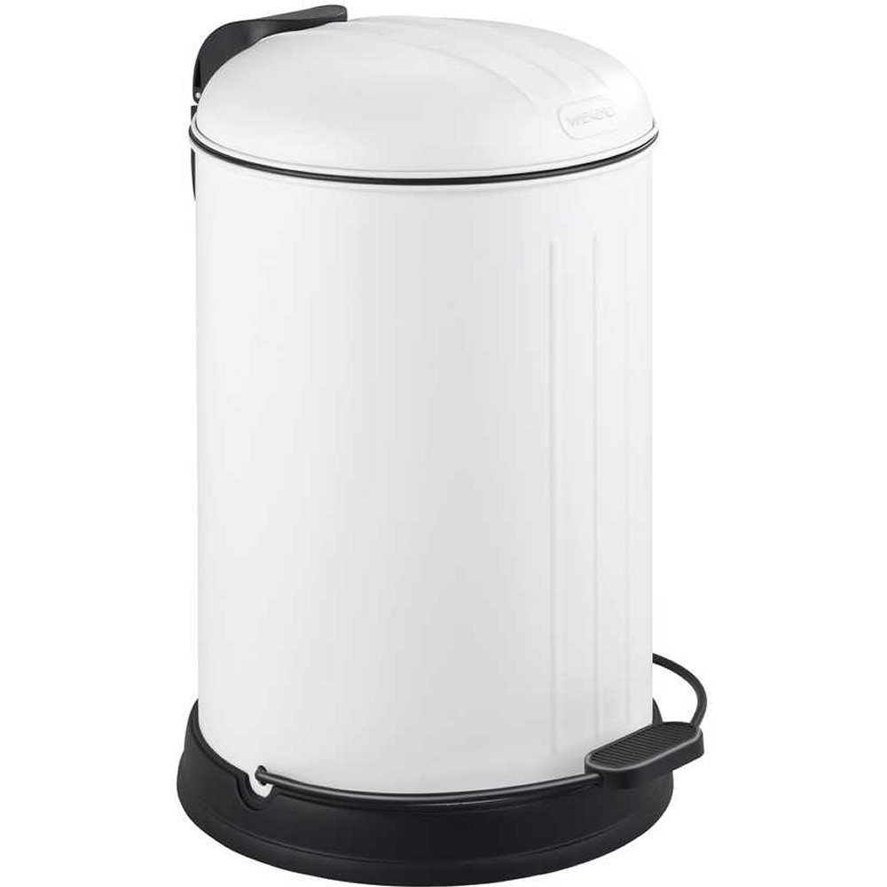 white round pedal bin with black base and foot pedal