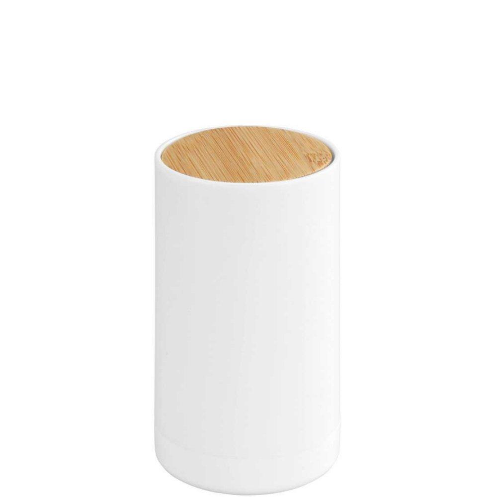white cylindrical cotton bud storage with pop up bamboo lid