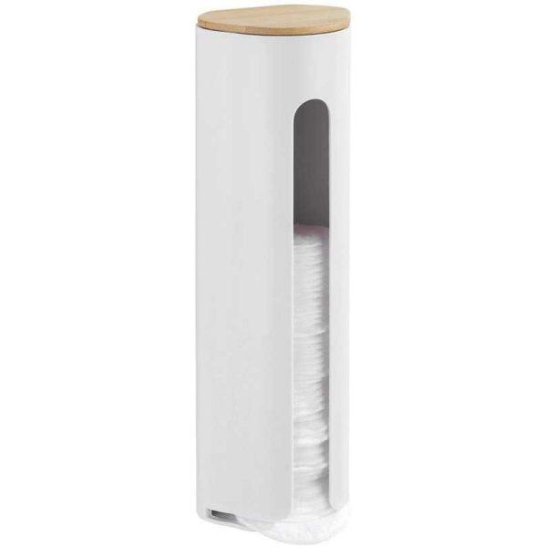 tall white cylindrical cotton pad storage and dispenser with a bamboo lid