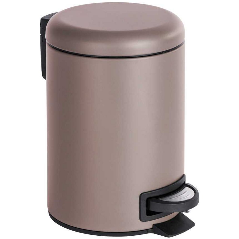 taupe round pedal bin with black and chrome effect foot pedals