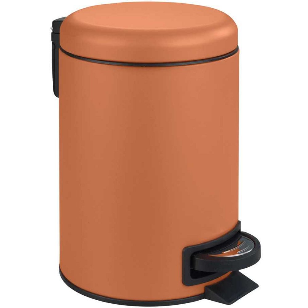 terracotta orange round pedal bin with black and chrome effect foot pedals