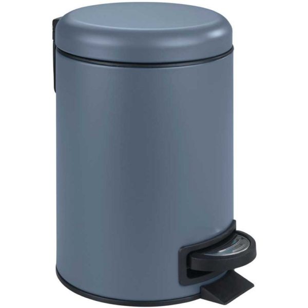 slate blue round pedal bin with black and chrome effect foot pedals