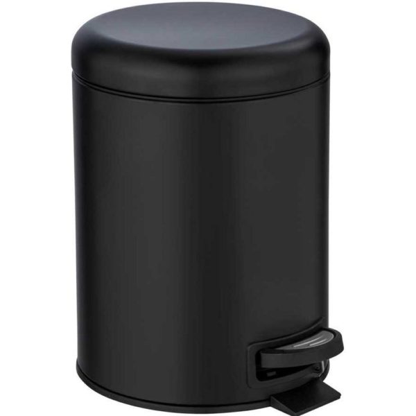 black round pedal bin with black and chrome effect foot pedals