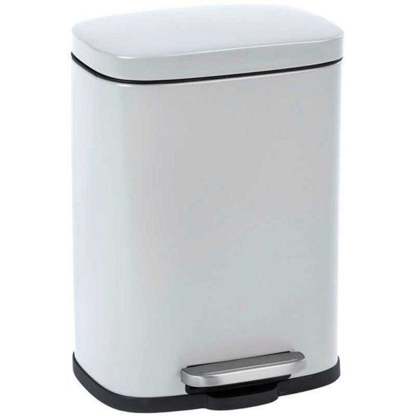 white rectangular pedal bin with rounded corners and a chrome pedal.