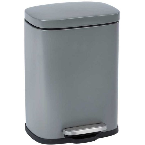 grey rectangular pedal bin with rounded corners and a chrome pedal.