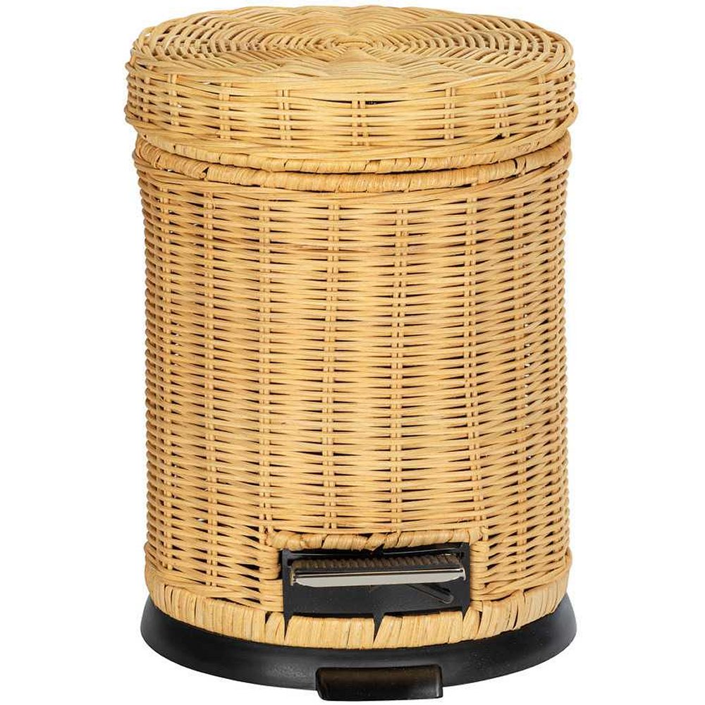 round pedal bin with a light brown rattan exterior and back pedal and base