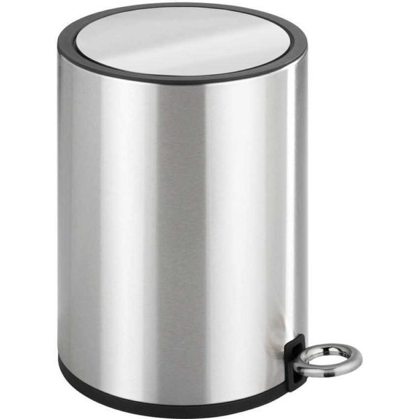steel round pedal waste bin with flat top and a steel ring shaped pedal and black trimming around the lid and base