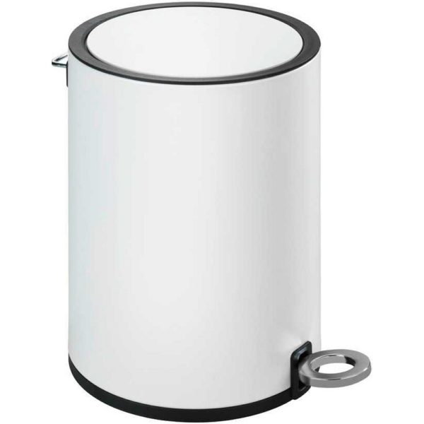 white round pedal waste bin with flat top and a steelring shaped pedal and black trimming around the lid and base