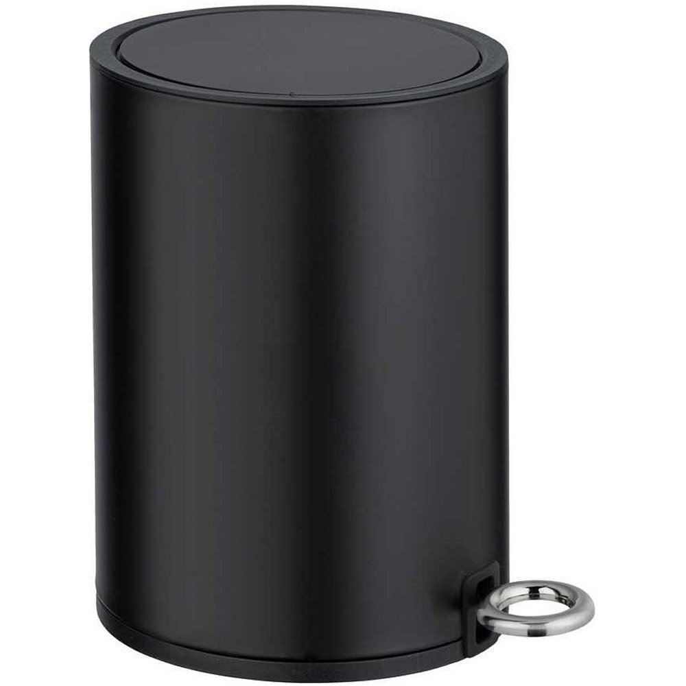 black round pedal waste bin with flat top and a steel ring shaped pedal