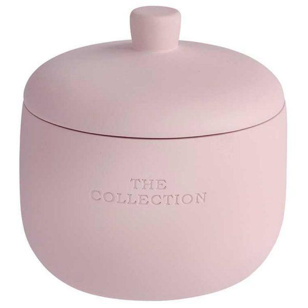 pink rounded storage jar with a curved base and lid, the handle of the lid is in the center and is cylendrical shaped. Embossed on the surface of the jar iare the words 'The collection' in an all upper-case serif font.