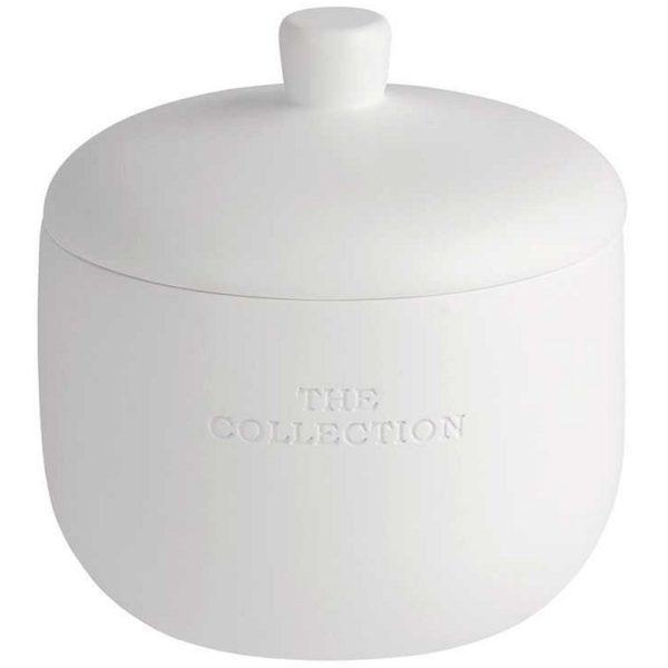 white rounded storage jar with a curved base and lid, the handle of the lid is in the center and is cylendrical shaped. Embossed on the surface of the jar iare the words 'The collection' in an all upper-case serif font.