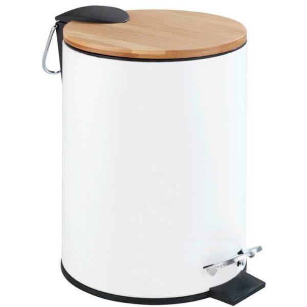 white round pedal waste bin with bamboo lid, choe pedal and black hinge and trim around the base