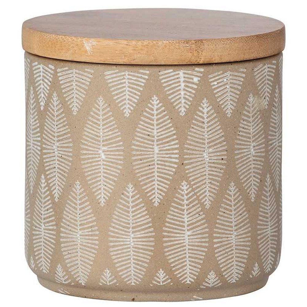 beige round ceramic storage jar with straight upright edges and a flat bamboo lid. on the surface of the jar is a pattern consisting of white leaf shapes