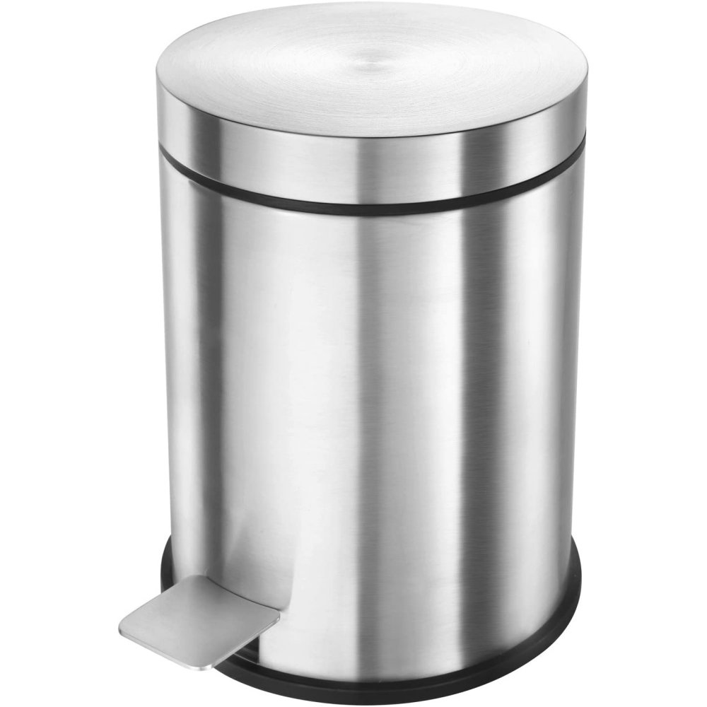 round stainless steel pedal bin with black trim around the base