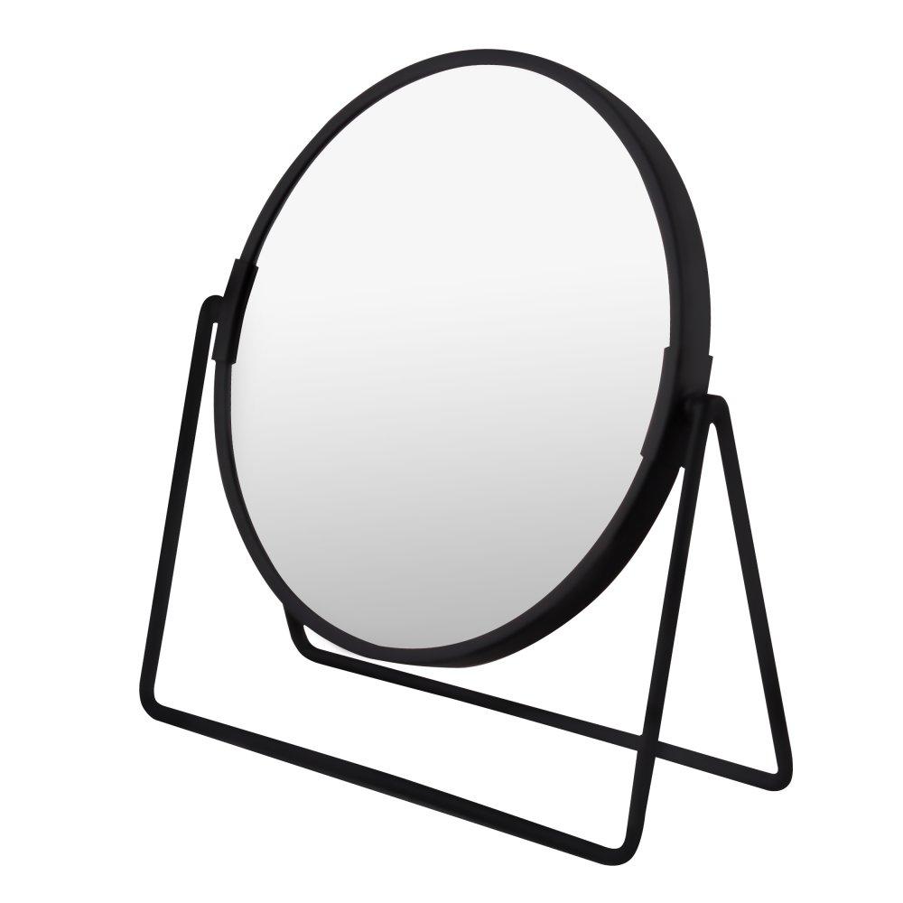 round mirror on a a matt black frame shaped wire stand