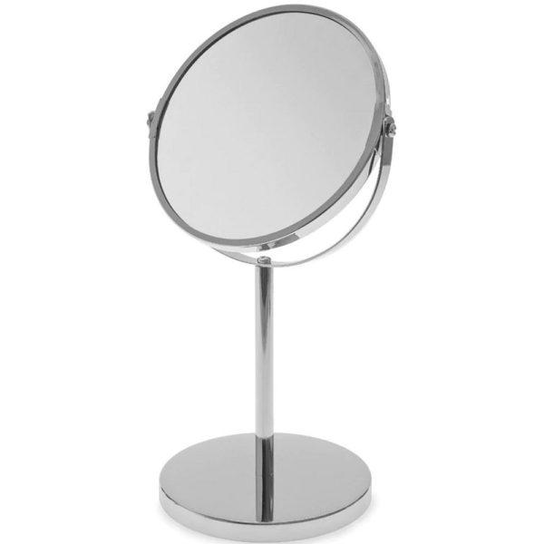 round mirror with swivel hinges on a thin stand with round base, the non mirror parts have a chrome finish