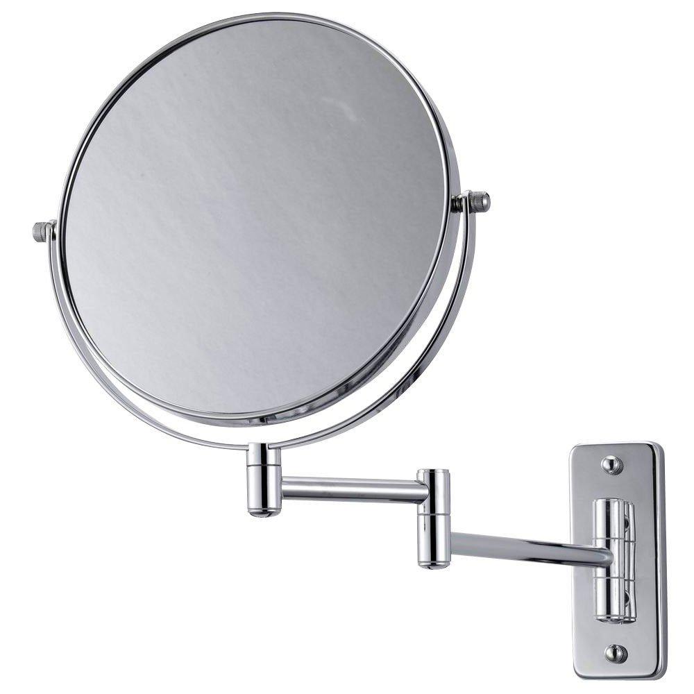 round mirror on swivel hinges on an extending arm consisting of two straight poles and a swivel hinge in tehe centre. it attaches to a round wall plate with another swivel hinge. the not mirror parts are chrome plated