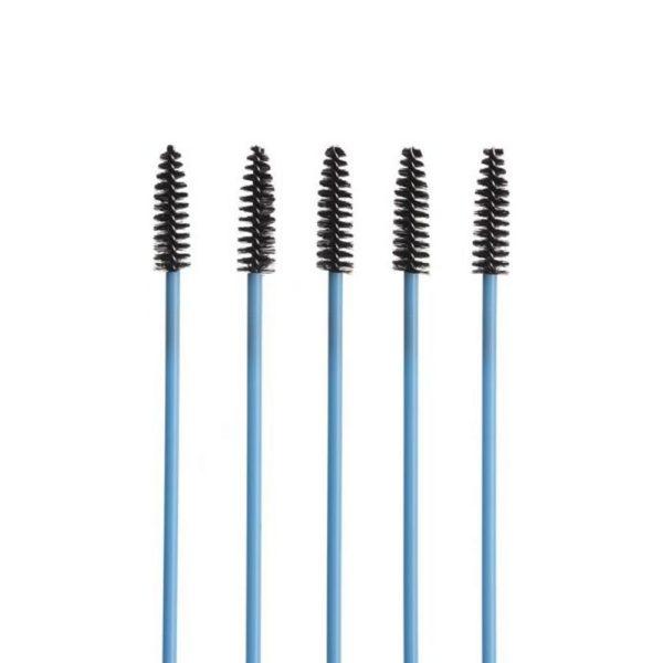 5 drain cleaning tools with long thing blue handle and small black bristled heads