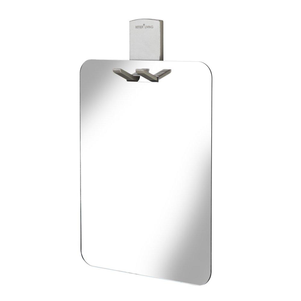 rectangular wall mirror on a double wall hook which protrudes though enough for a razor to hand off form