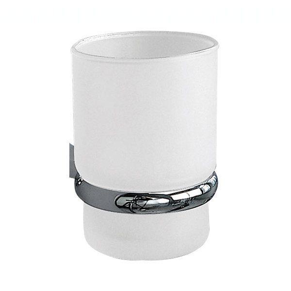 white frosted glass tumbler narrower at the base to allow for placement in a holder