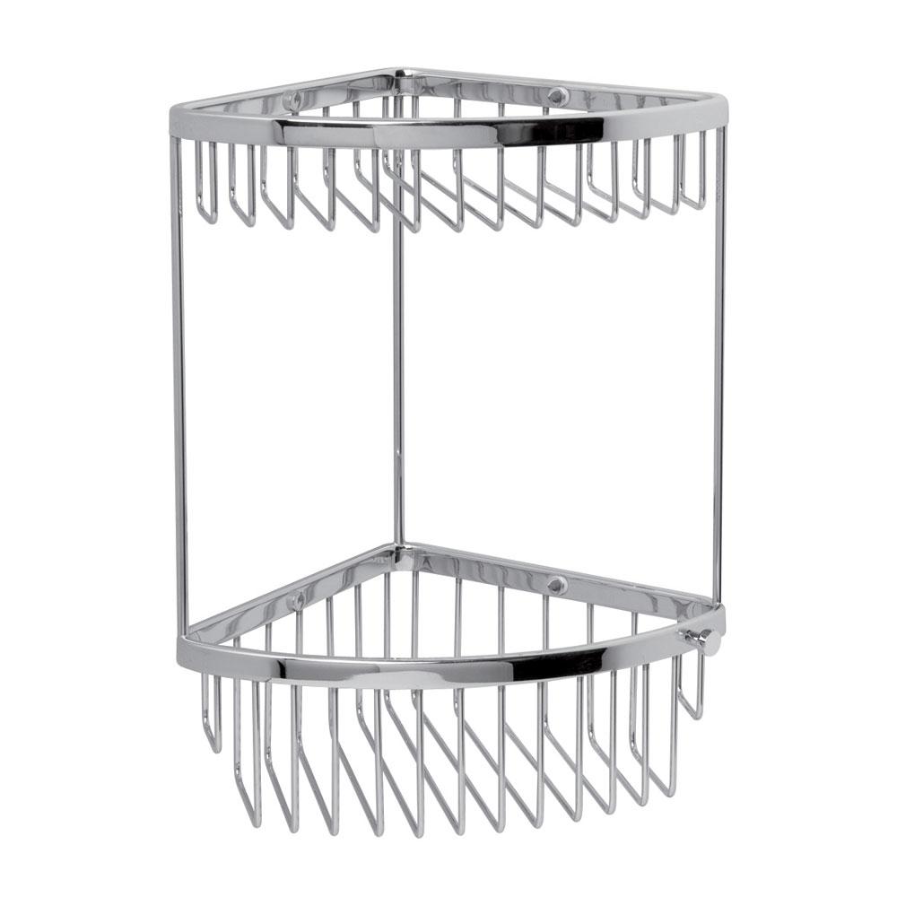 chrome double corner wire basket, the basket wires are arranged vertically from the front of the basket, there is a small round hook protruding from the front of the lower basket