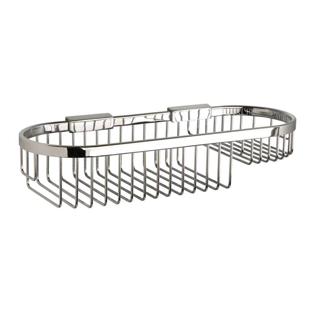 chrome oval wire basket, the basket wires are arranged horizontal to the front of the basket with a small section on the right hand side being shallower than the rest of the basket