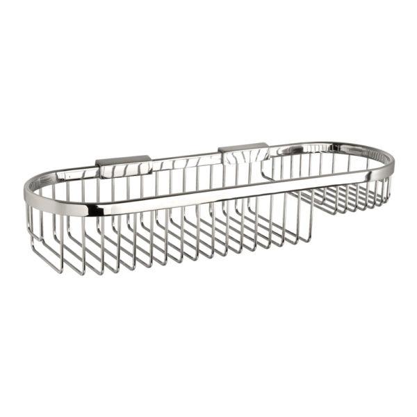 chrome oval wire basket, the basket wires are arranged horizontal to the front of the basket with a small section on the right hand side being shallower than the rest of the basket