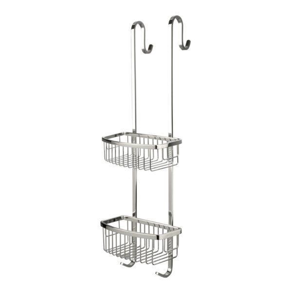 chrome 2 tier shower caddy consisting of 2 d-shaped wire baskets arranged one above the other with two hooks at the top for hanging over shower screens or rails and two hooks at the bottom. The basket wires are arranged horizontal to the front of the basket