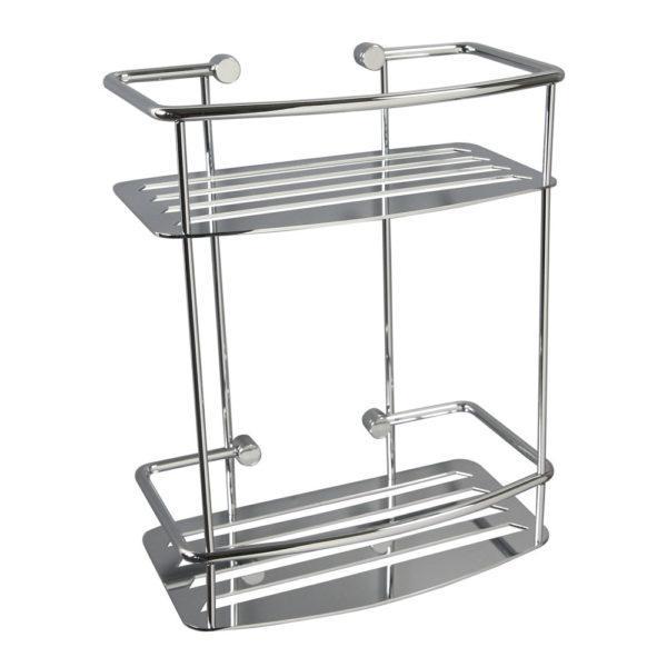 chrome 2 tier shower shelf. the shelves have solid flat bases with horizontal cut out lines for drainage, there is a wire rail along all outer edges of the shelves